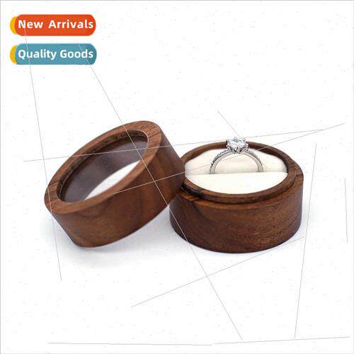 Round Black Walnut Ring Box Open Window Wedding Exchange Eng