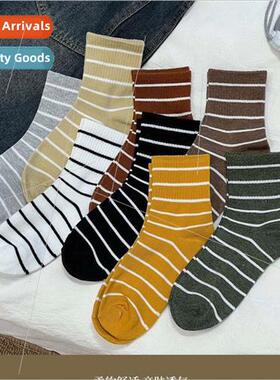 manuvivi?Merad mid-calf socks fashion versatile striped Jap