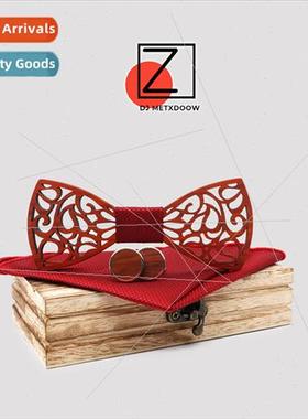 Europe Pointed Horn Openwork Carved Wooden Bow Tie Pocket Sq