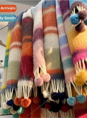 Thick Wool Flu Pulled Hair Fringe Stripe Large Scarf Large