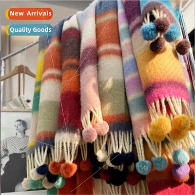 Thick Wool Flu Pulled Hair Fringe Stripe Large Scarf Large
