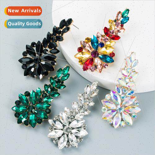 Fashion Colourful Rhinestone Long Geometric Flower Earrings