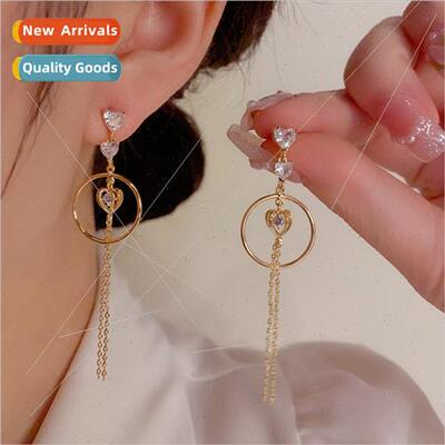 Koreazircon love circle earrings tassel s925 silver needle s