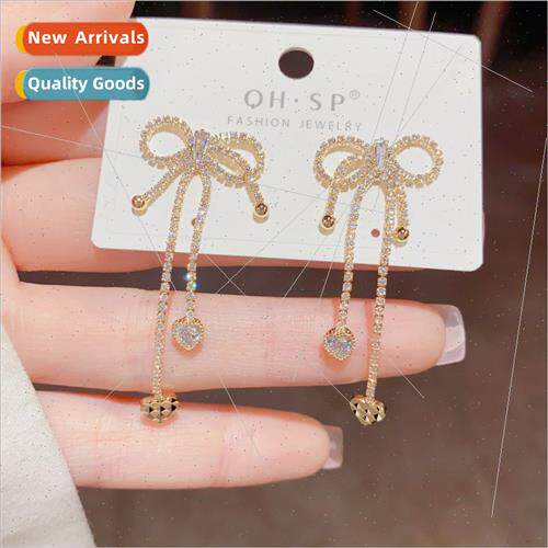 Delicate sense zirconia bow long tassel love earrings s925 s