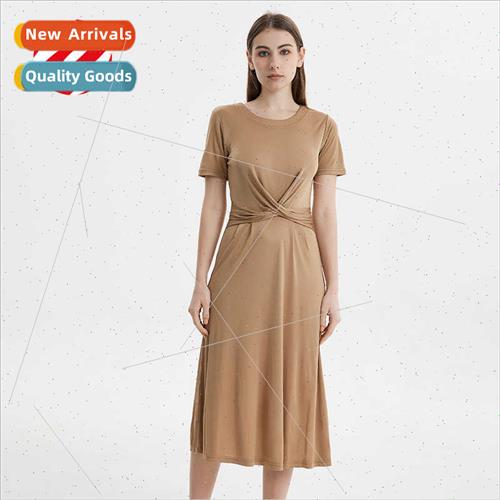 New summer solid color silk dress women round neck tie waist
