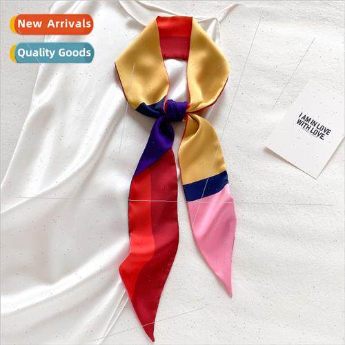 Colorblocking striped long silk scarf thin narrow diagonal c