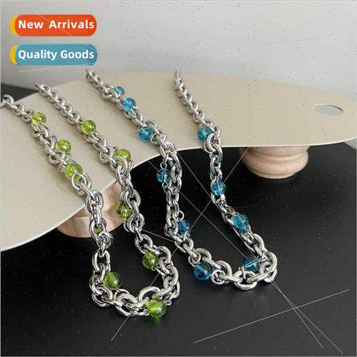 New simple tanium steel necklace blue green beads hip-hop pu