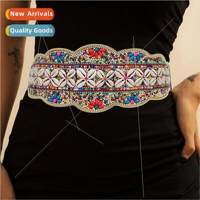 new colorful rice beads shell leather elastic belt waist sea