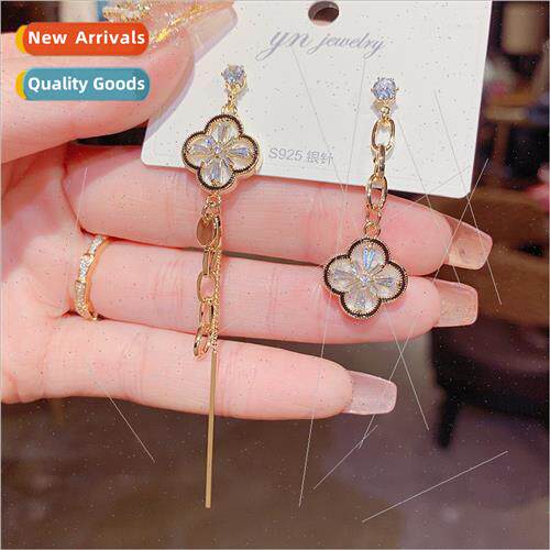 s925 silver needle long tassel earrings asymmetrical four-le