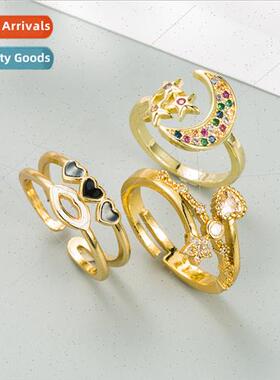 Europe ins fashion star moon ring female brass micro-set zir