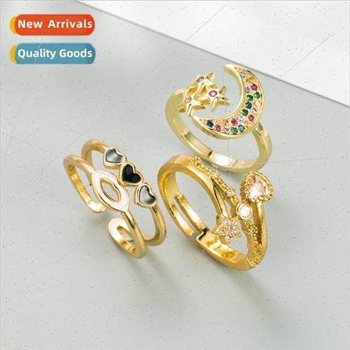 Europe ins fashion star moon ring female brass micro-set zir