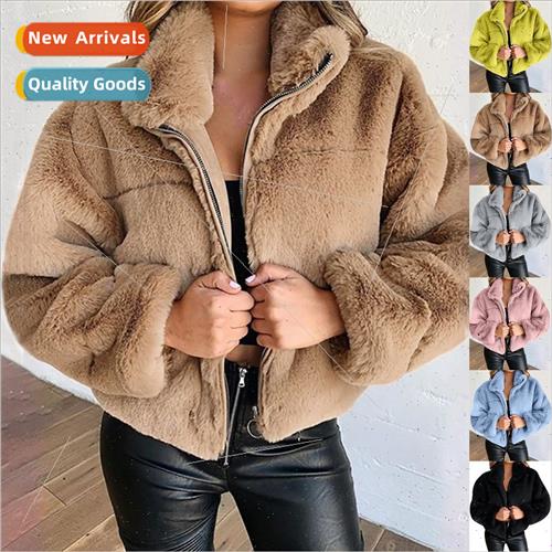 2023 Women Autumn Winter Rabb Fur Faux Fur Zipper Cardigan P