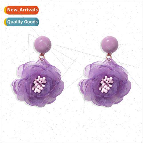 New summer wild Korea purple mesh flower earrings three-dime