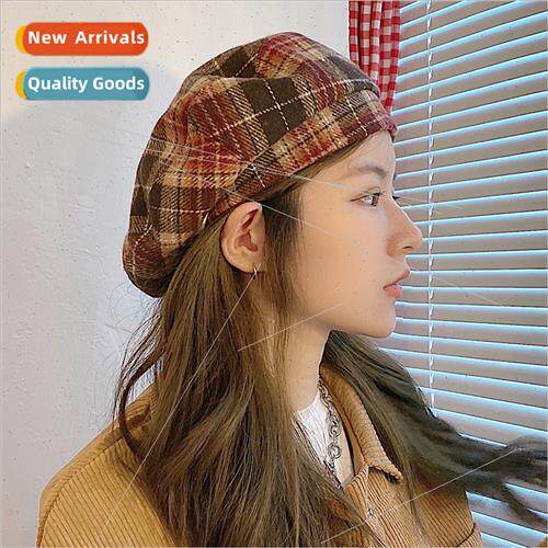 Japanese retro plaid tweed beret children fall winter Korean