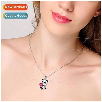 New cute panda pendant necklace multi-color heart set zircon