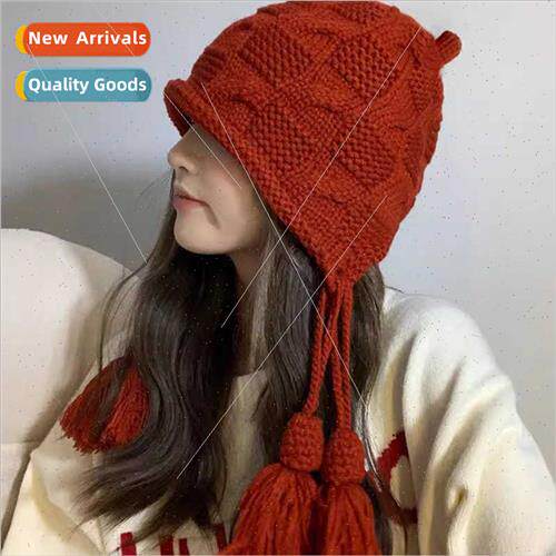 Handmade crocheted red wrap hat female fall winter warm wool