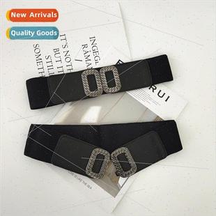 belt female retro Black wide buckle elastic floral