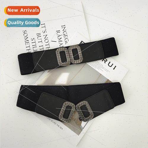 Black floral buckle belt female retro elastic elastic wide b