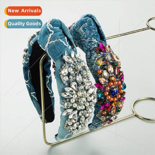 Europe new super gltery hand-stched bar hair bands denim fab