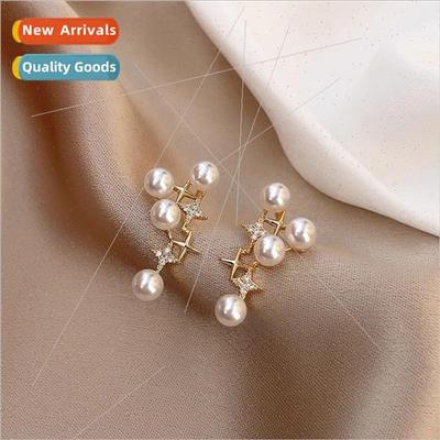 Stars wh diamonds pearl niche earrings ins cold wind silver