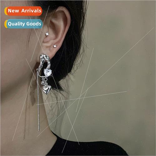 Flash Diamond Asymmetric Heart Pin Earrings Women Tassel Ple