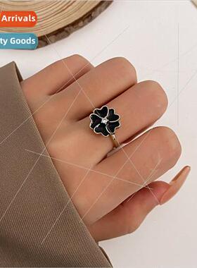 ngle diamond black flowers open ring simple index finger rin