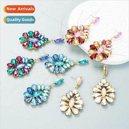 Ins wind fashion alloy colorful rhinestone flower earrings f