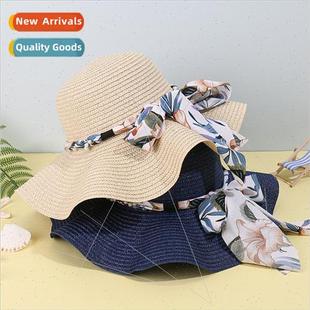 wave straw sun shade brim casual female hat fluttering bow