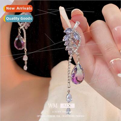 lver needle zirconia leaf drop tassel earrings Elegant earri