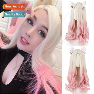 Europe Wigs Women Medium Whe Pink Gradient Long Chemical Fib