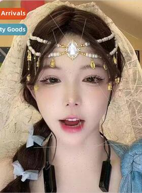 Ancient tassel headdress diamonds pearls double ehead chain