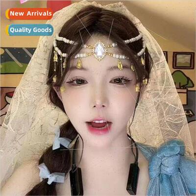 Ancient tassel headdress diamonds pearls double ehead chain