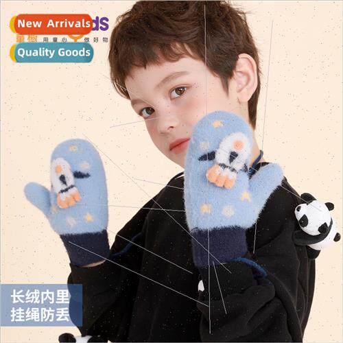Winter childrens plush gloves outdoor windproof warm lanyard