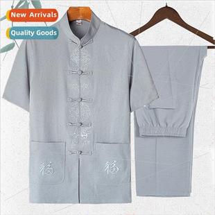 men cotton middle Tang aged sleeved short Summer linen
