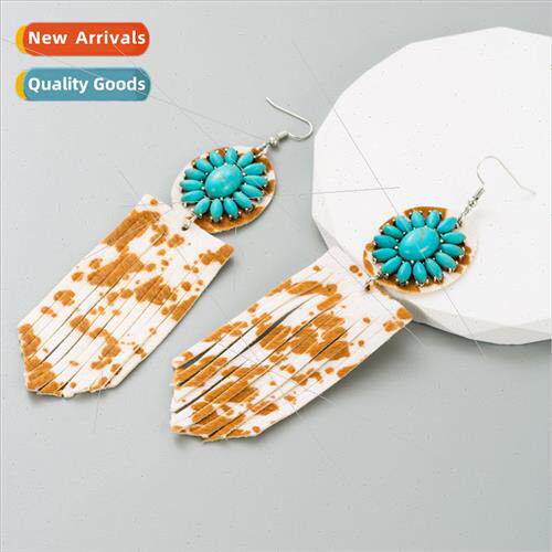 Earrings Women Bohemian Leopard Leather Alloy Turquoise Crea