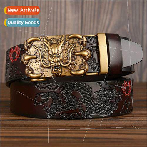 New double-dragon play beads carved men cowhide leather belt