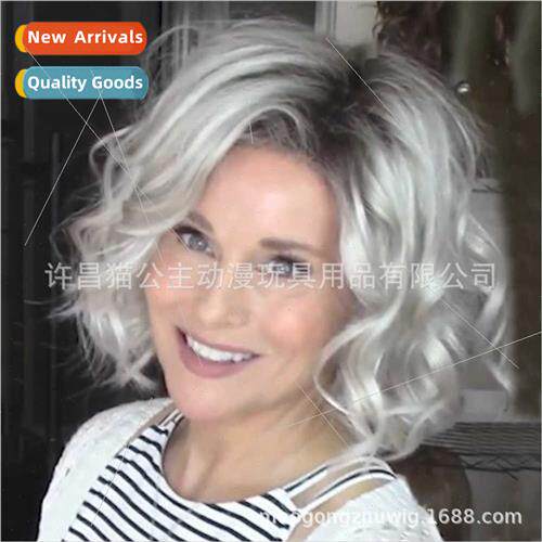 Europe fashion wig ladies coloring curly hair parted silver