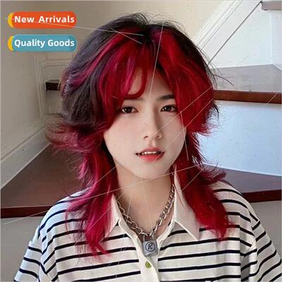 Wigs 适用men women black red pick dye slightly curly hair co