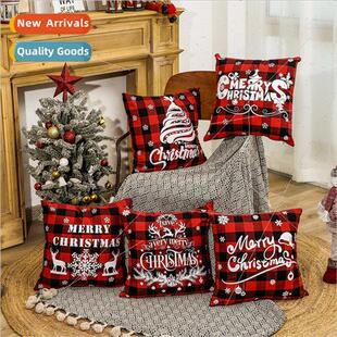 New Christmas decorations red linen plaid Christmas square p