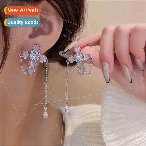 Girls pink cross-shaped love earrings female peach heart zir