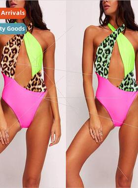 Bikini Swimsu Leopard Print Bright Color Strappy One Piece S