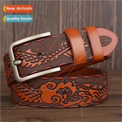 New dragon pattern carved men cowhide leather belt casual pi