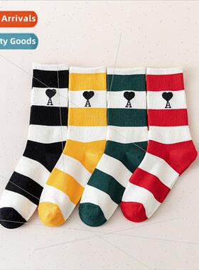 Autumn new tide love A letter socks women mid-calf thin stri