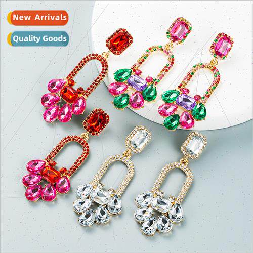 Europe fashion colored diamond geometric long floral earring