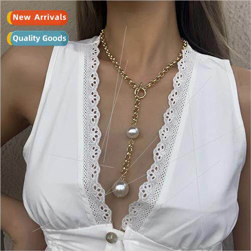 Europe new fashion pearl long pendant necklace punk OT buckl
