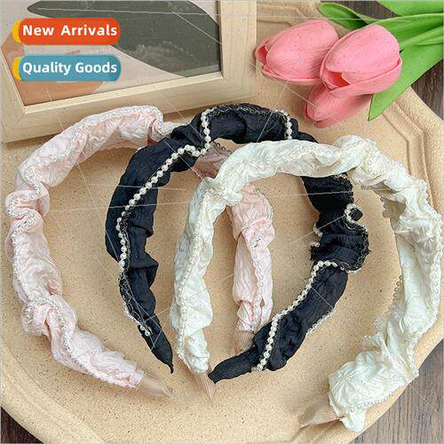 French retro fresh hair bands pleated fabric pearl fabric he