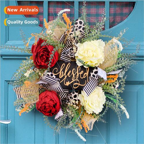 Home Door Fresh Wreath Hanging Wooden Plaque Rattan Wreath W