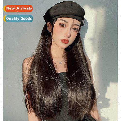 Beret wig in one female fashion new navy cap long natural nd