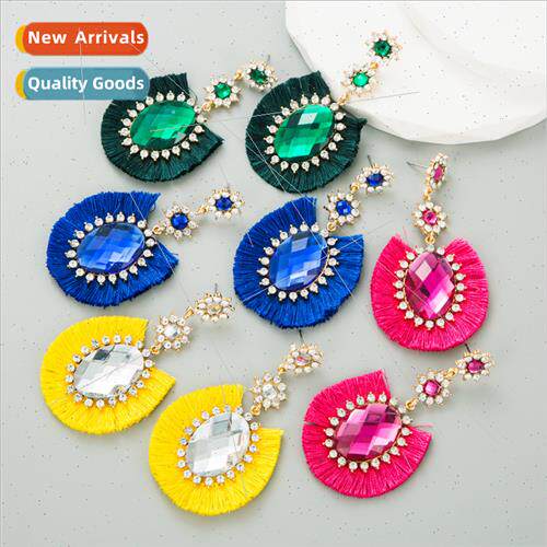 Europe alloy diamond oval resin fan-shaped tassel earrings t