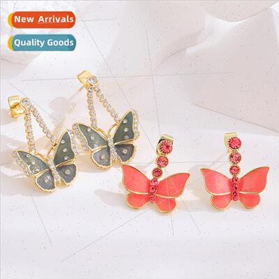 Copper plated diamond oil drop butterfly earrings women Kore